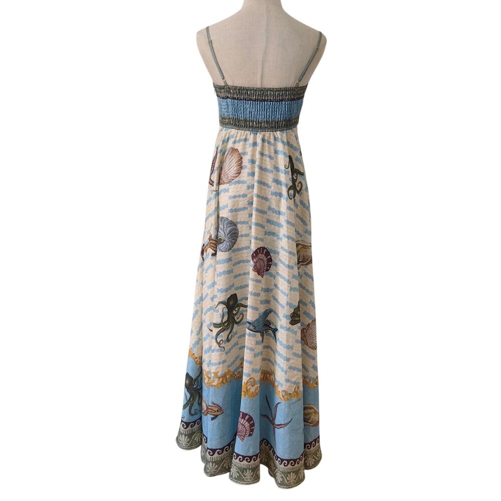 ALEMAIS + Sam Pauletto Bath House printed smocked linen midi dress US 4 - Picture 7 of 11